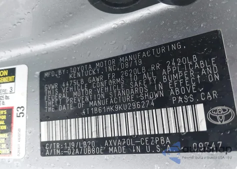 2019 Toyota Camry Xse z USA, uszkodzony, nr VIN 4T1B61HK9KU296274